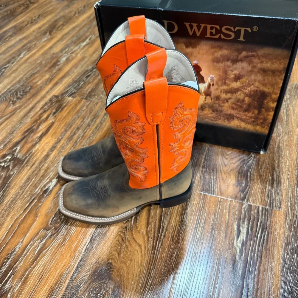 NEW Old West Kids Size 5 Brown Orange Leather Square Toe Cowboy Boots Western